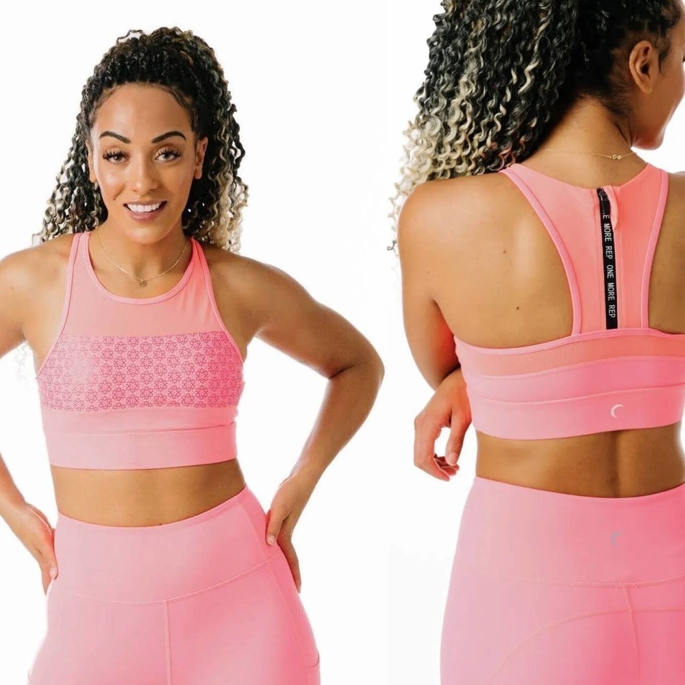 Zyia Neon Coral Flower Power All Star Athletic / Sports Bra Mesh Size Medium